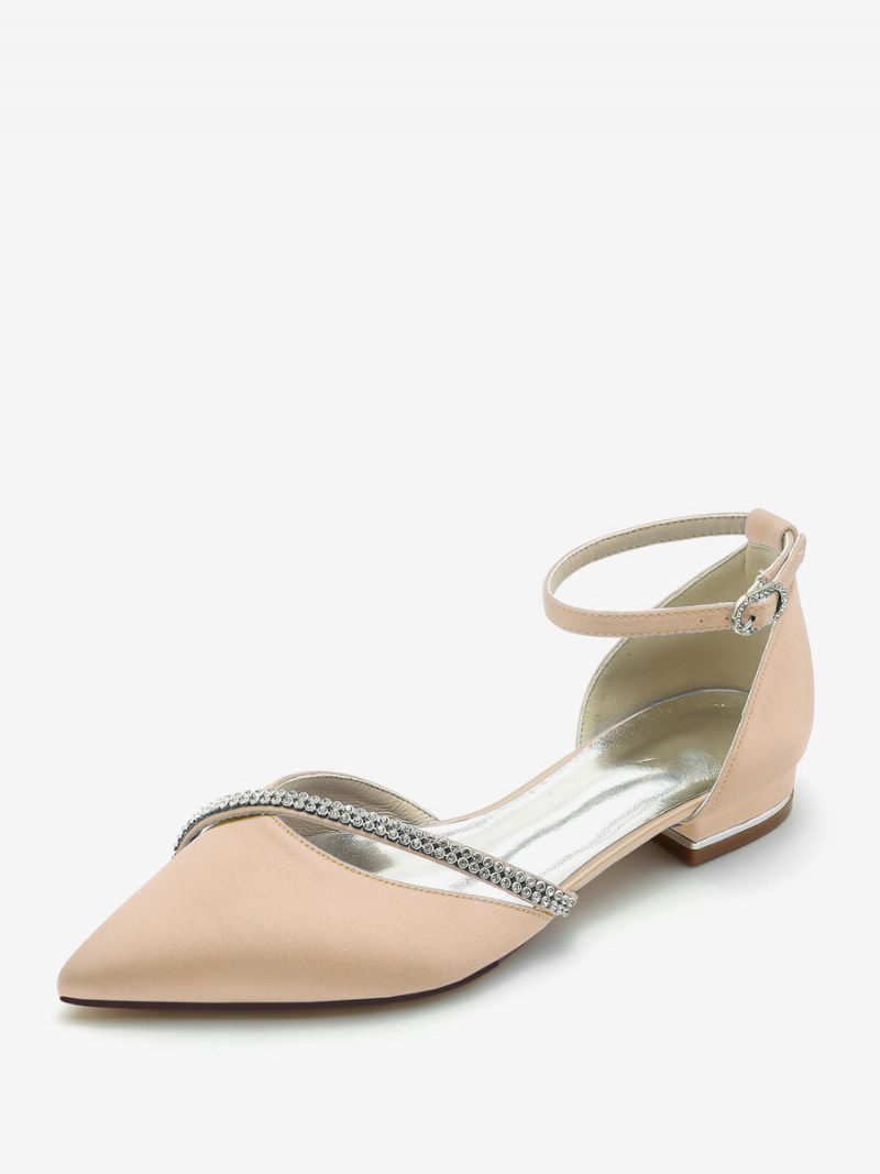 Damen-brautschuhe Flache Brautschuhe Aus Seide Und Satin Mit Spitzen Zehen Strasssteinen - Champagner