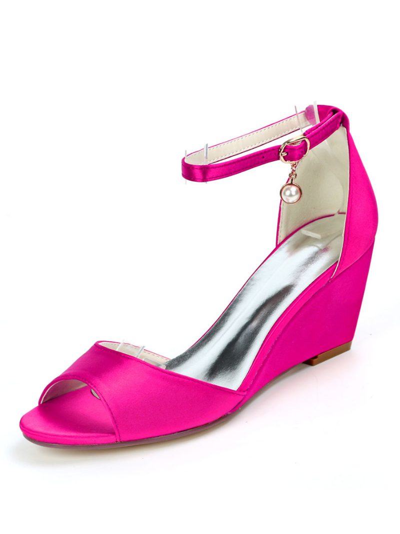 Damen-brautschuhe Mit Knöchelriemen Und Keilabsatz Aus Satin - Rose