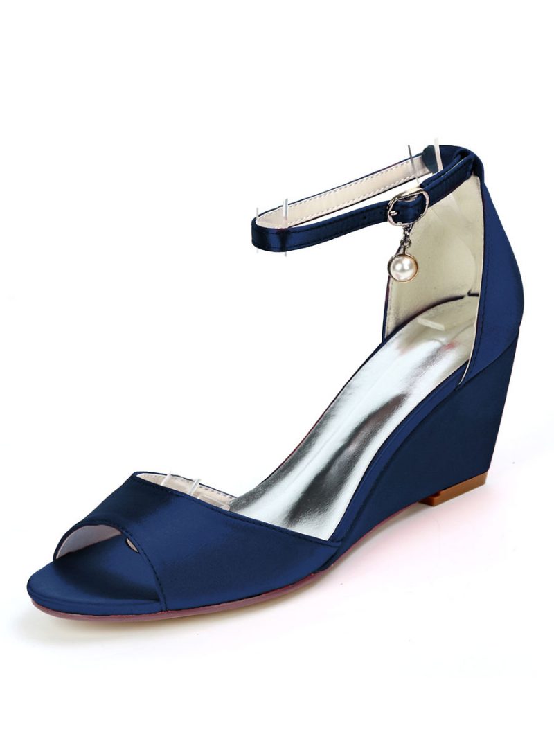 Damen-brautschuhe Mit Knöchelriemen Und Keilabsatz Aus Satin - Tiefblau