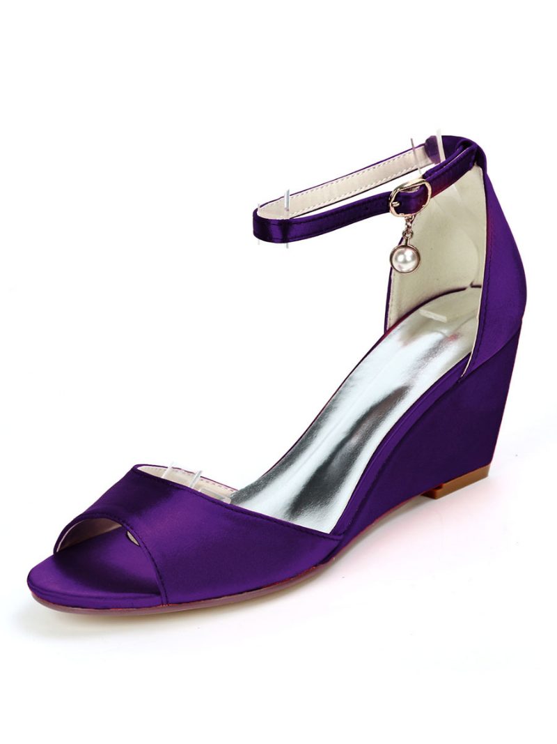 Damen-brautschuhe Mit Knöchelriemen Und Keilabsatz Aus Satin - Tiefviolett