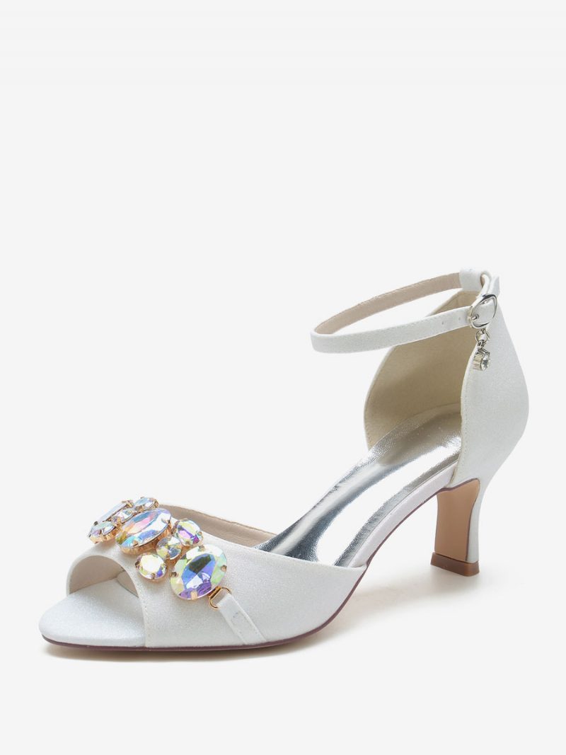 Damen-brautschuhe Mit Pailletten Peep-toe Strasssteinen Klobiger Absatz Hochzeitsschuhe - Weiß