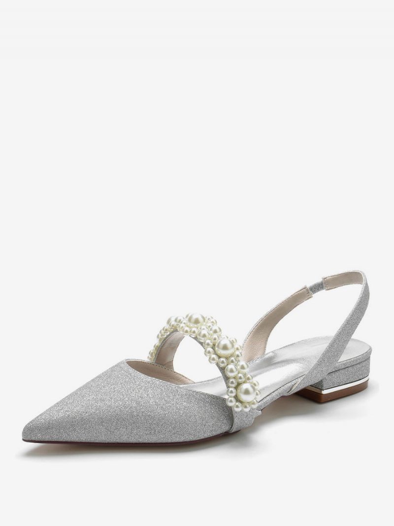 Damen-brautschuhe Mit Perlen Und Slingback-flats - Silber