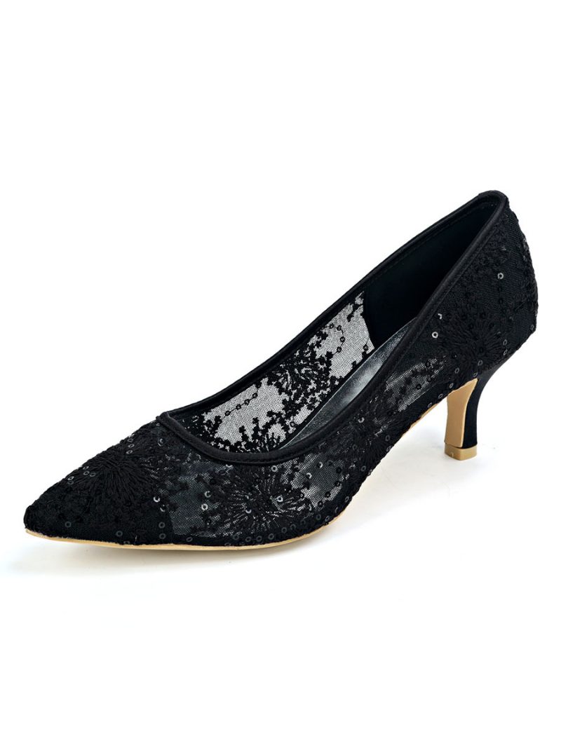 Damen-brautschuhe Mit Spitzen-kitten-heel - Schwarz