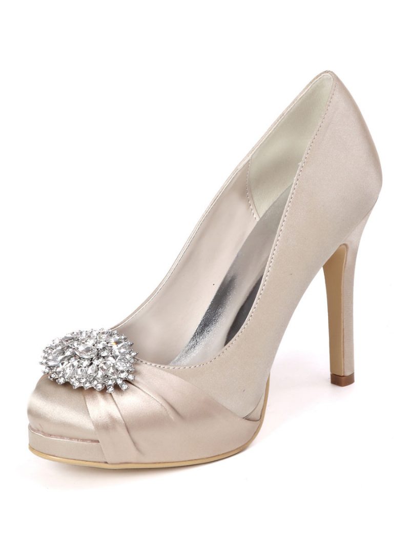 Damen-brautschuhe Mit Strass-plateau Und Absatzpumps Aus Satin - Champagner