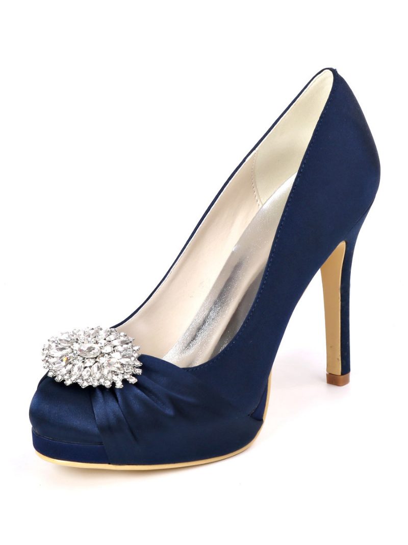 Damen-brautschuhe Mit Strass-plateau Und Absatzpumps Aus Satin - Tiefblau