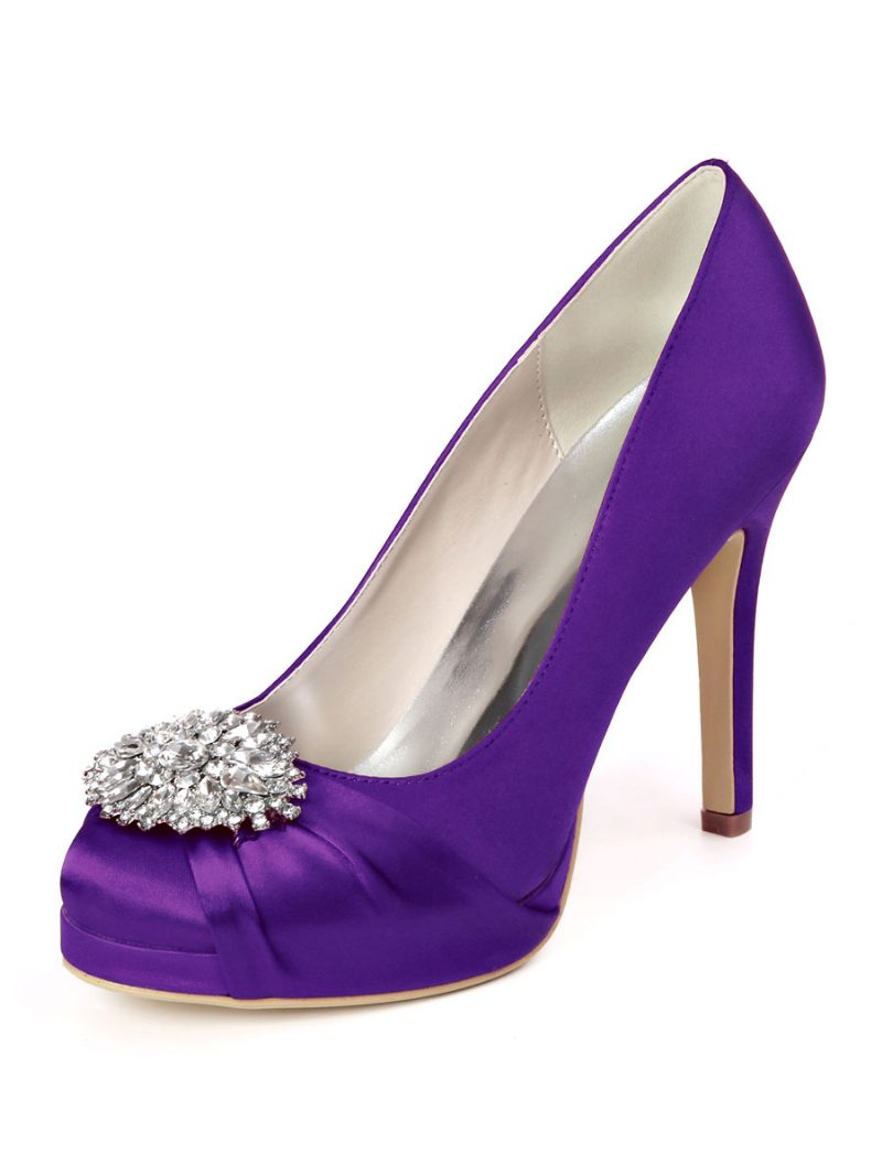 Damen-brautschuhe Mit Strass-plateau Und Absatzpumps Aus Satin - Tiefviolett