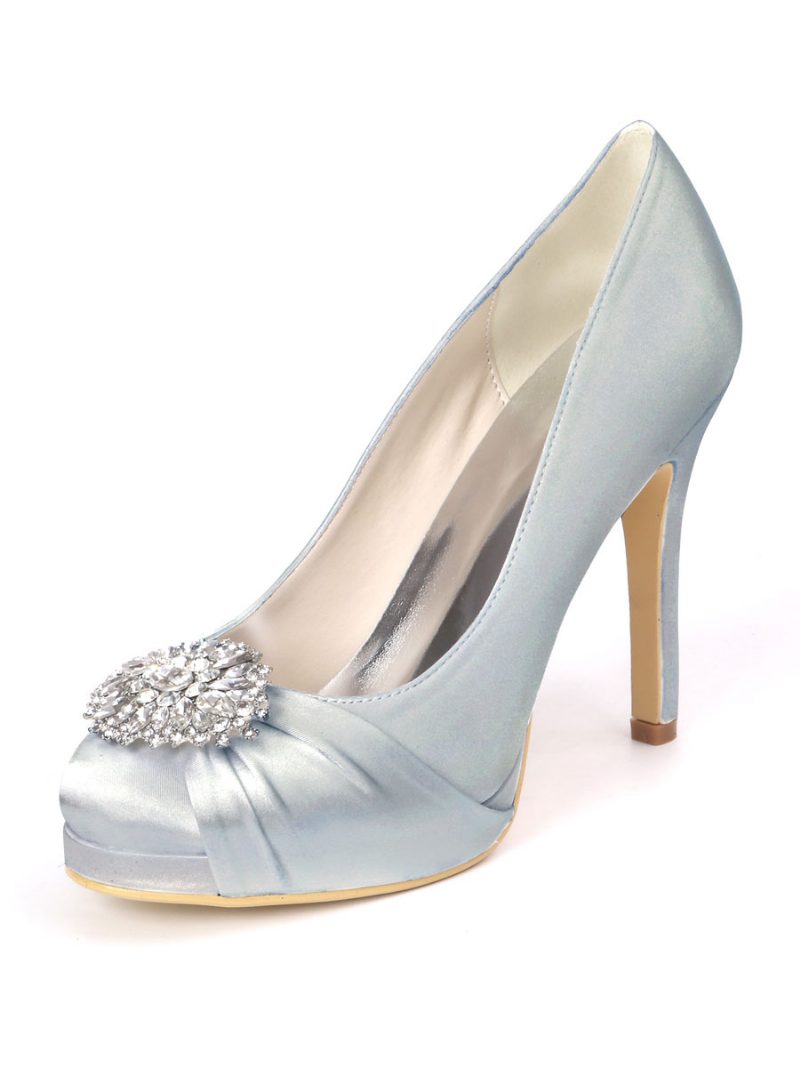 Damen-brautschuhe Mit Strass-plateau Und Absatzpumps Aus Satin - Silber