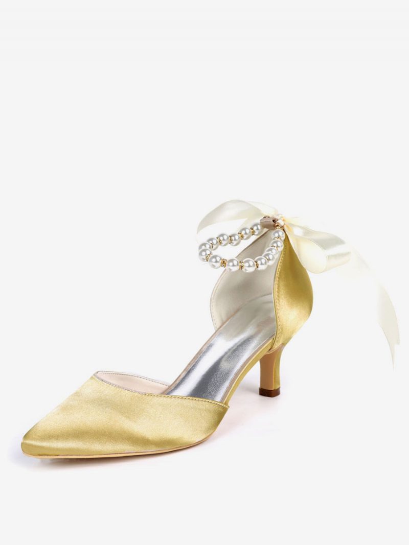 Damen-brautschuhe Perlen Knöchelriemen Schnürung Kitten-heels - Gold