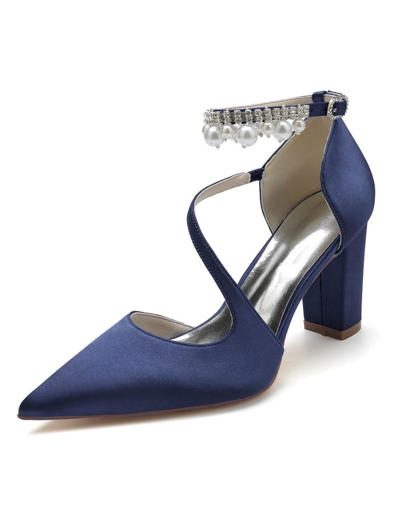 Damen-brautschuhe Perlen-pumps Mit Klobigem Absatz Aus Satin - Tiefblau