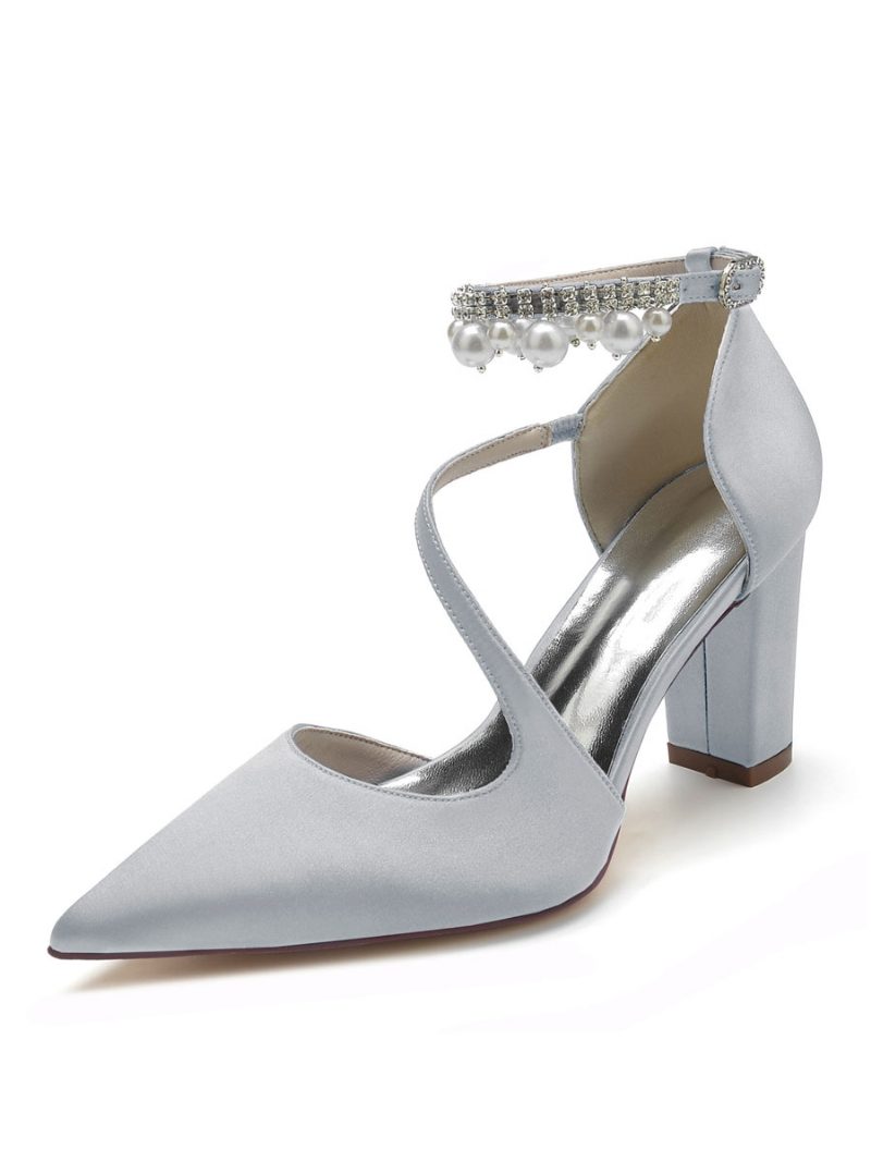 Damen-brautschuhe Perlen-pumps Mit Klobigem Absatz Aus Satin - Silber