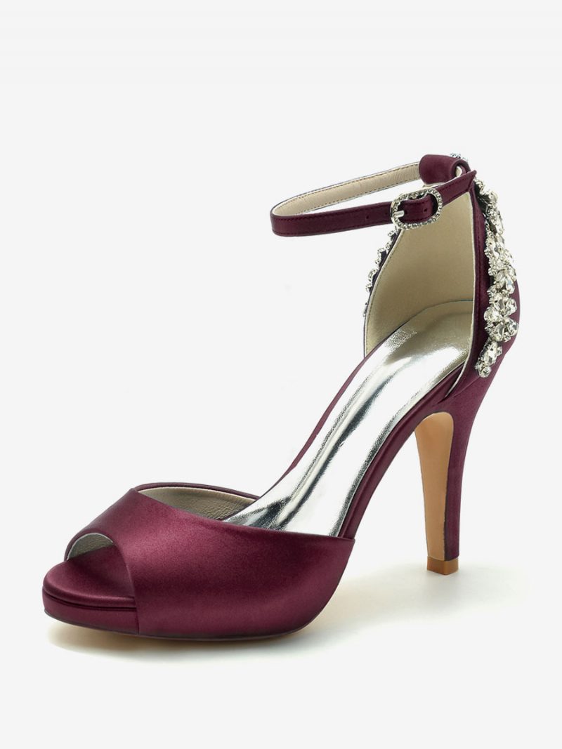 Damen-brautschuhe Satin Tiefblau Peep-toe-strasssteine Brautschuhe Mit Klobigem Absatz - Burgund