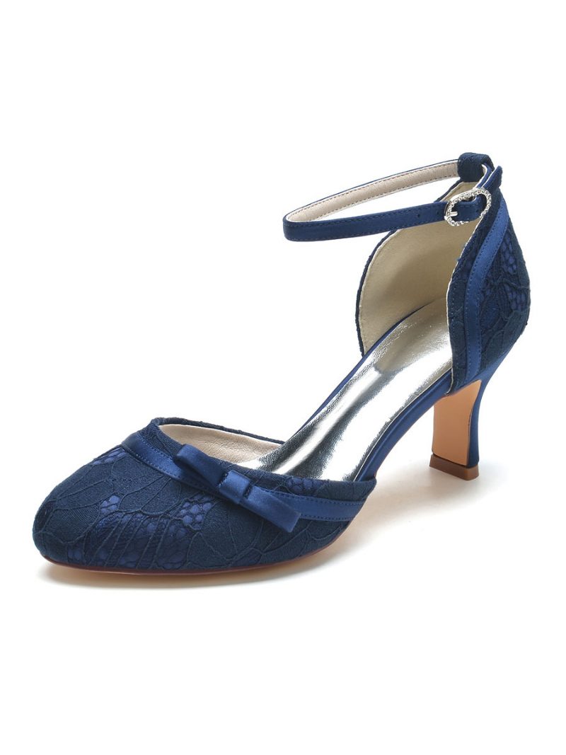 Damen-brautschuhe Spitzen-pumps Mit Rundem Zehenbereich Und Klobigem Absatz - Tiefblau