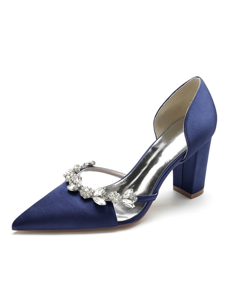 Damen-brautschuhe Strasssteine Dorsay-pumps Mit Klobigem Absatz Aus Satin - Tiefblau