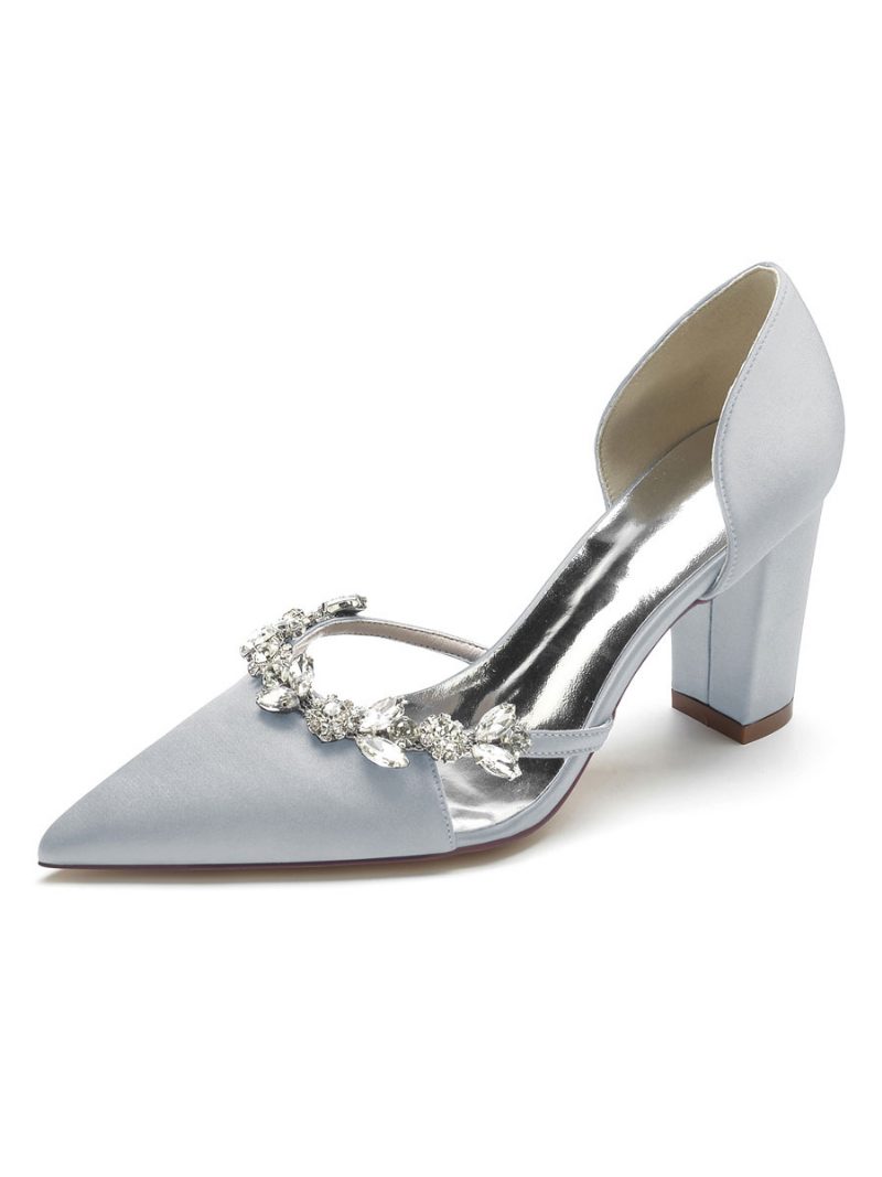 Damen-brautschuhe Strasssteine Dorsay-pumps Mit Klobigem Absatz Aus Satin - Silber