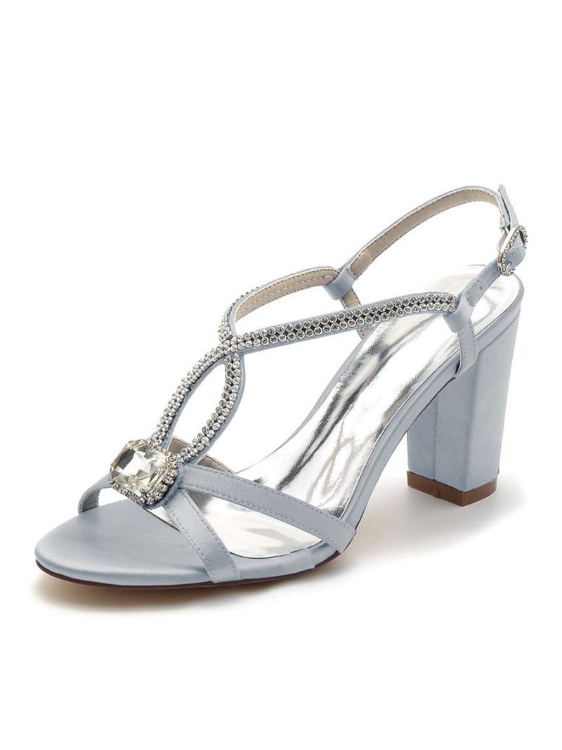 Damen-brautschuhe Strasssteine Satin Offener Zehenbereich Klobiger Absatz Brautschuhe - Silber