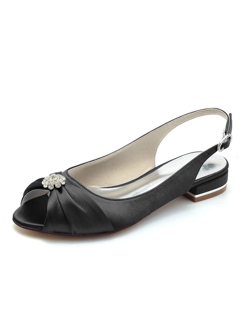 Damen-brautschuhe Strasssteine Satin Peep-toe Flache Brautschuhe - Schwarz