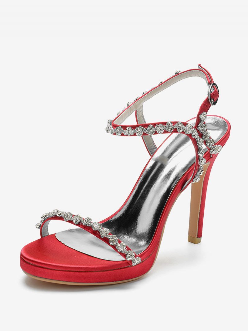 Damen-hochzeitsschuhe Aus Satin Mit Offenem Zehenbereich Strasssteinen Und Schnallendetail Stiletto-absatz Brautsandalen - Rot