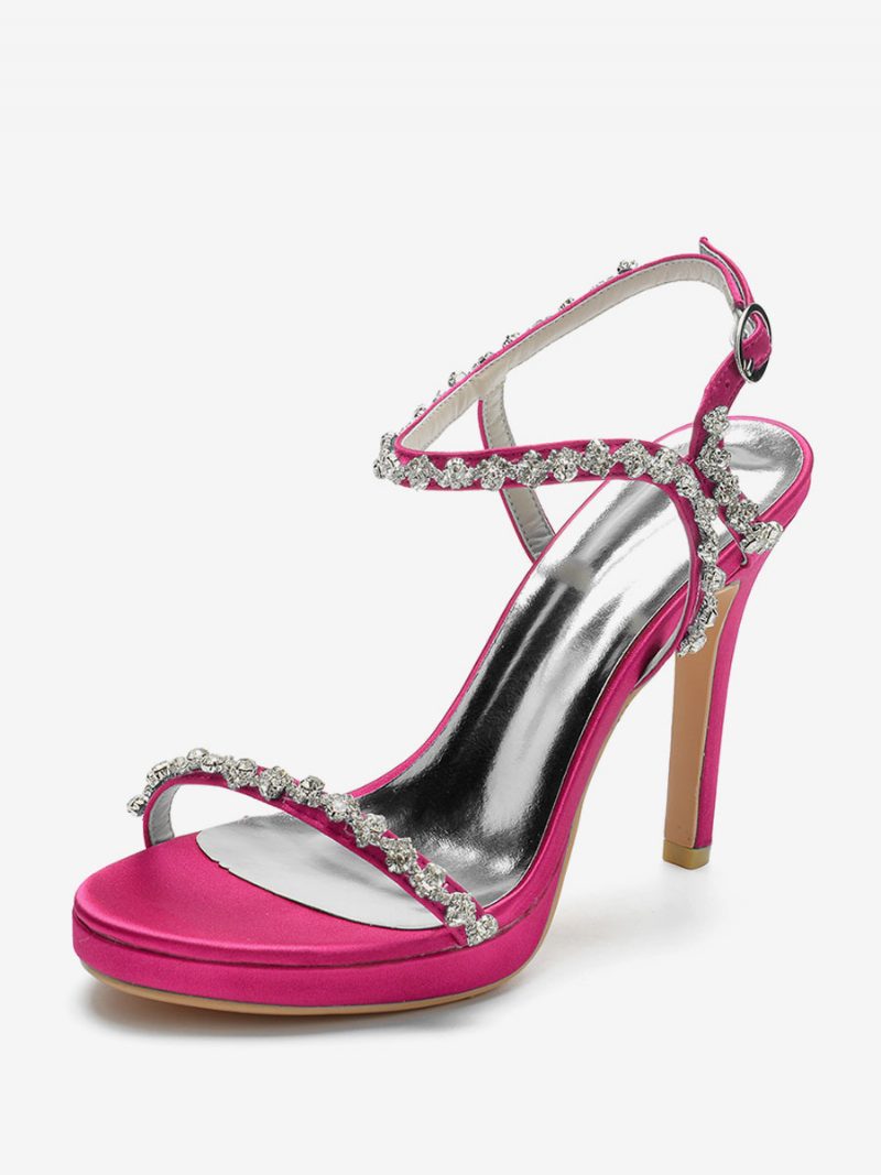 Damen-hochzeitsschuhe Aus Satin Mit Offenem Zehenbereich Strasssteinen Und Schnallendetail Stiletto-absatz Brautsandalen - Rose