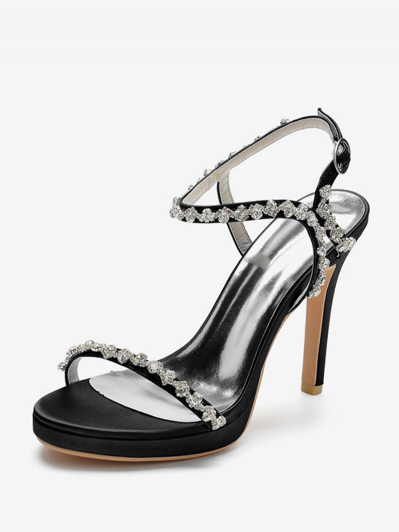 Damen-hochzeitsschuhe Aus Satin Mit Offenem Zehenbereich Strasssteinen Und Schnallendetail Stiletto-absatz Brautsandalen - Schwarz