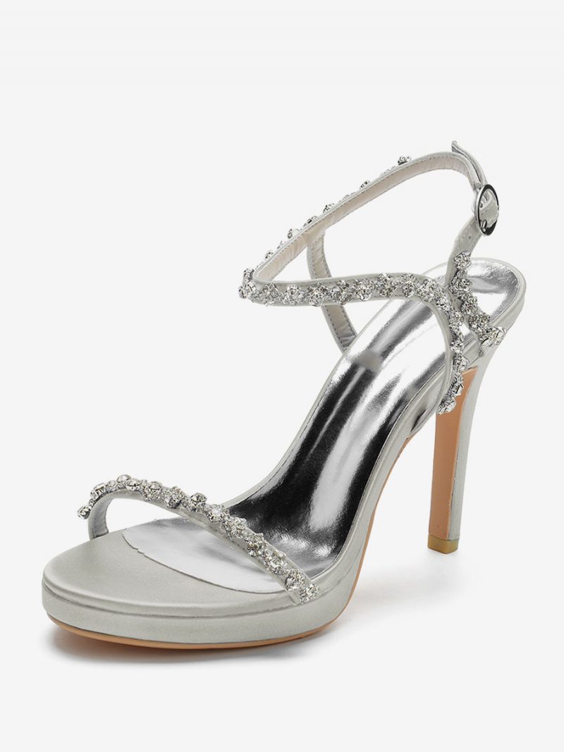 Damen-hochzeitsschuhe Aus Satin Mit Offenem Zehenbereich Strasssteinen Und Schnallendetail Stiletto-absatz Brautsandalen - Silber