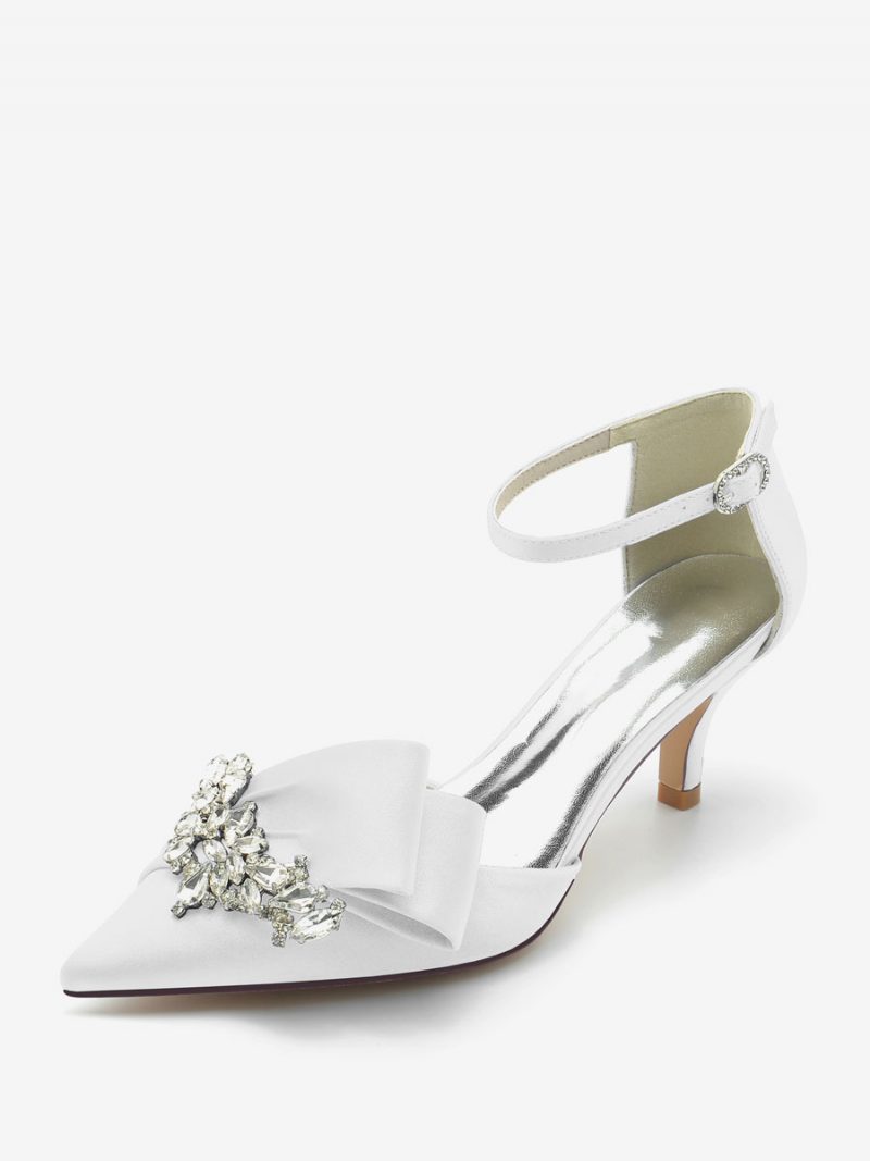 Damen-hochzeitsschuhe Aus Satin Mit Spitzer Zehenpartie Schleife Strasssteinen Und Kitten-heel-brautpumps