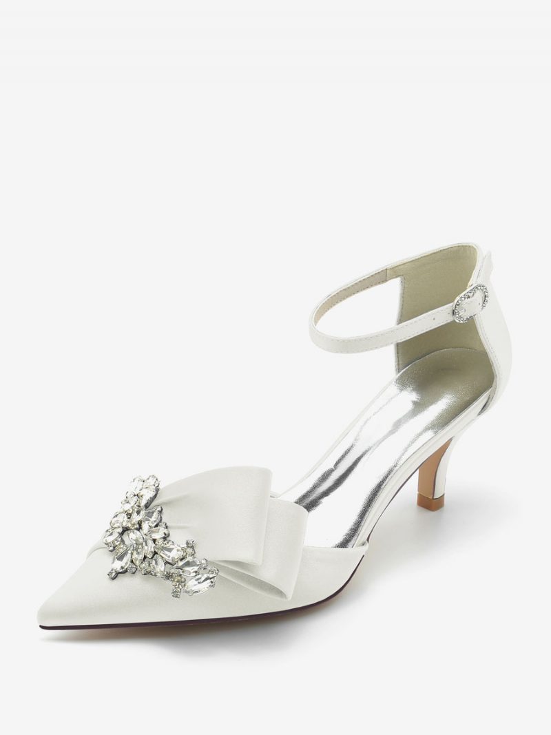 Damen-hochzeitsschuhe Aus Satin Mit Spitzer Zehenpartie Schleife Strasssteinen Und Kitten-heel-brautpumps - Elfenbein