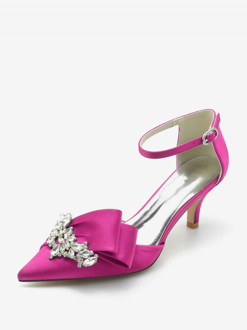 Damen-hochzeitsschuhe Aus Satin Mit Spitzer Zehenpartie Schleife Strasssteinen Und Kitten-heel-brautpumps - Rose