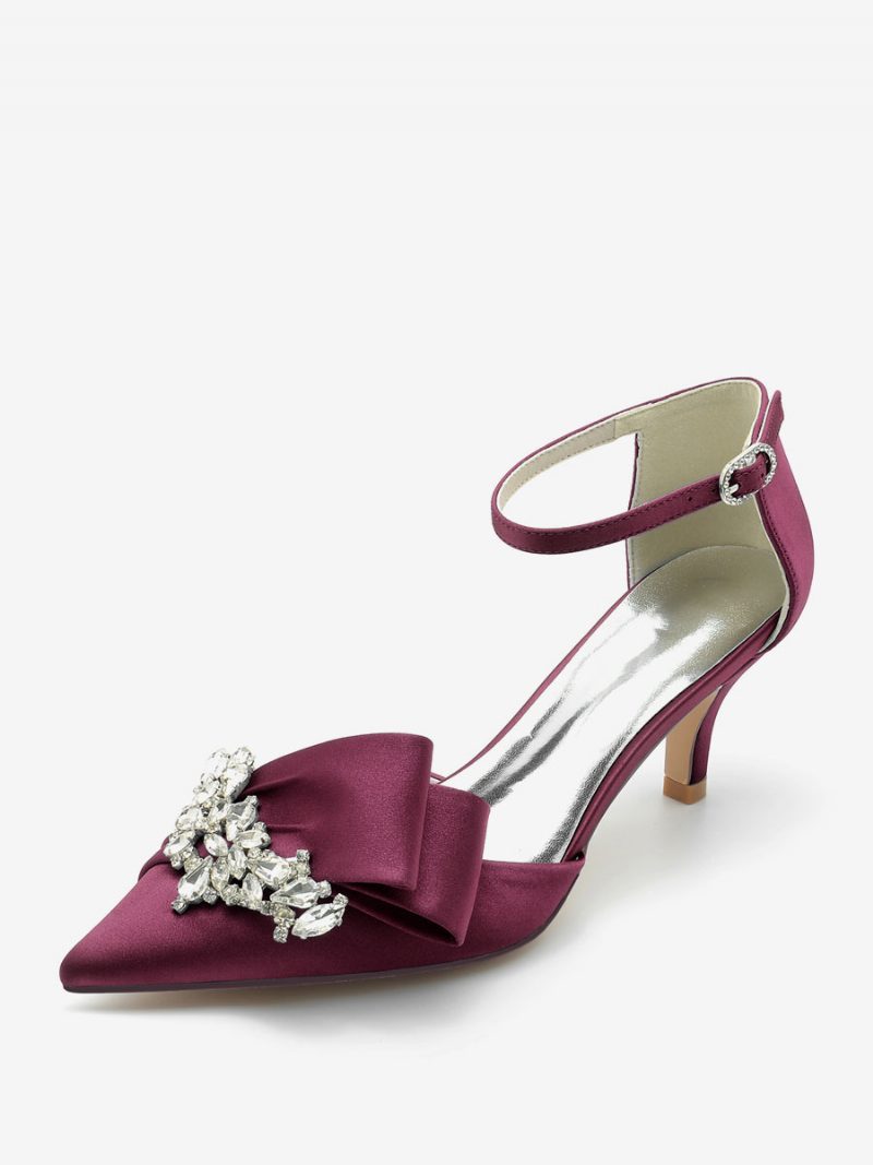 Damen-hochzeitsschuhe Aus Satin Mit Spitzer Zehenpartie Schleife Strasssteinen Und Kitten-heel-brautpumps - Burgund