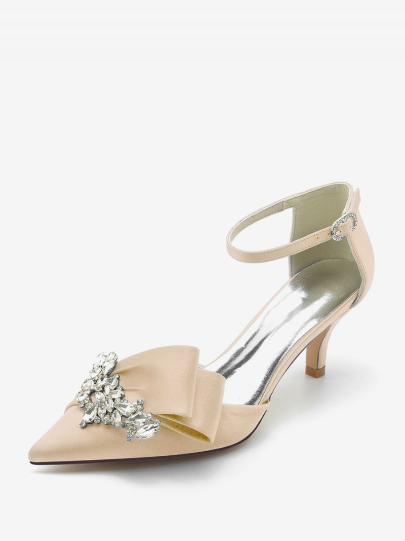 Damen-hochzeitsschuhe Aus Satin Mit Spitzer Zehenpartie Schleife Strasssteinen Und Kitten-heel-brautpumps - Champagner