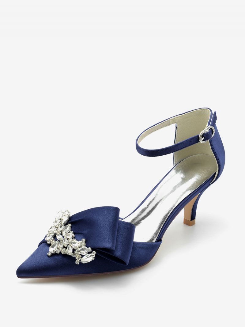 Damen-hochzeitsschuhe Aus Satin Mit Spitzer Zehenpartie Schleife Strasssteinen Und Kitten-heel-brautpumps - Tiefblau