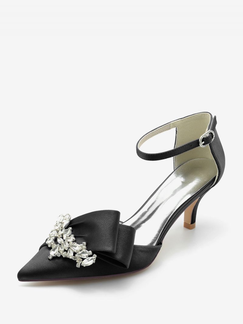 Damen-hochzeitsschuhe Aus Satin Mit Spitzer Zehenpartie Schleife Strasssteinen Und Kitten-heel-brautpumps - Schwarz