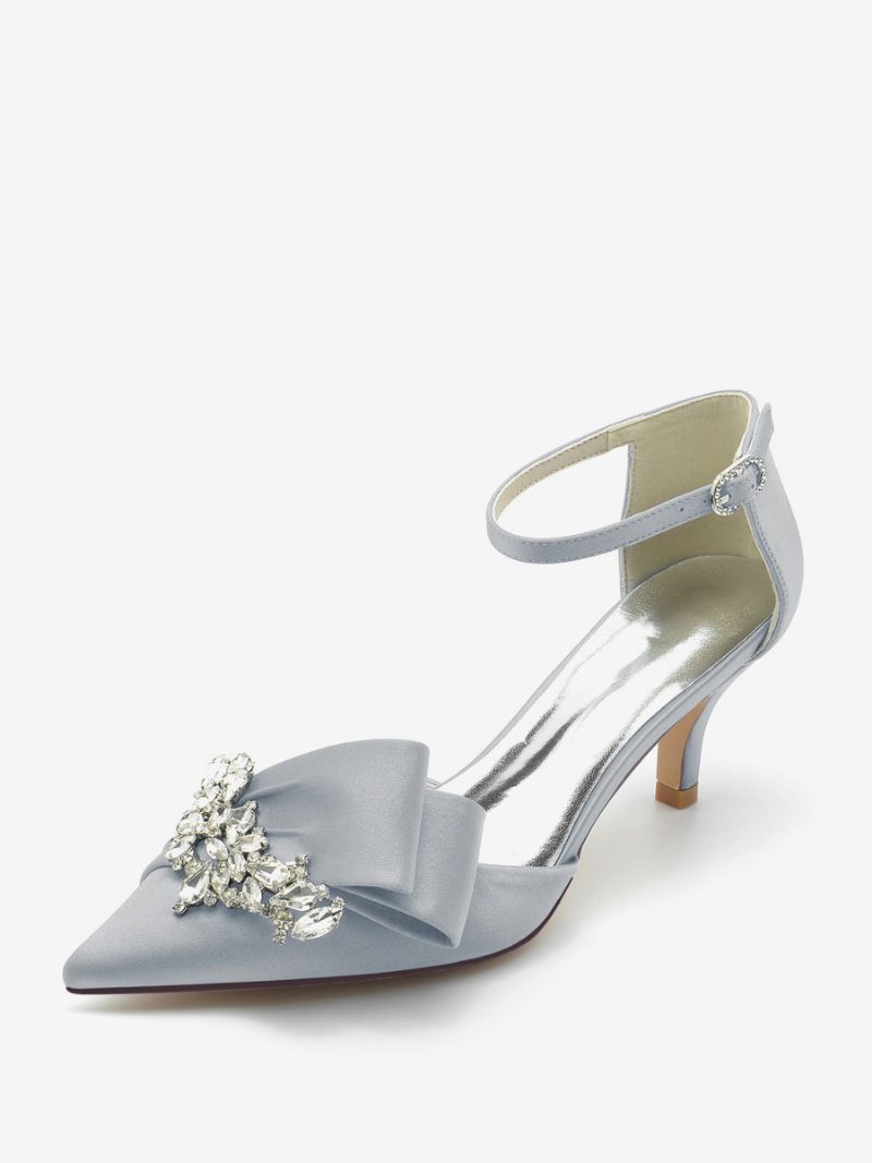 Damen-hochzeitsschuhe Aus Satin Mit Spitzer Zehenpartie Schleife Strasssteinen Und Kitten-heel-brautpumps - Silber