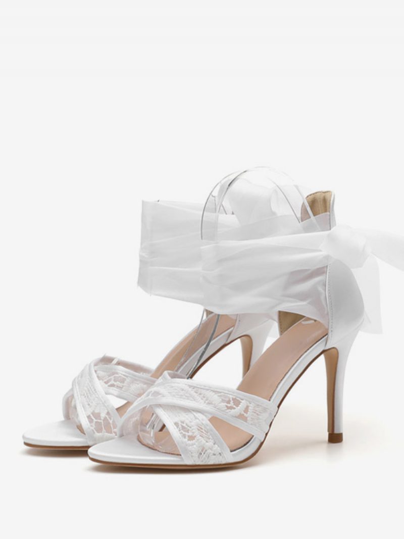 Damen-hochzeitsschuhe Aus Satin Weiße Überkreuzte Hochhackige Brautsandalen Zum Schnüren