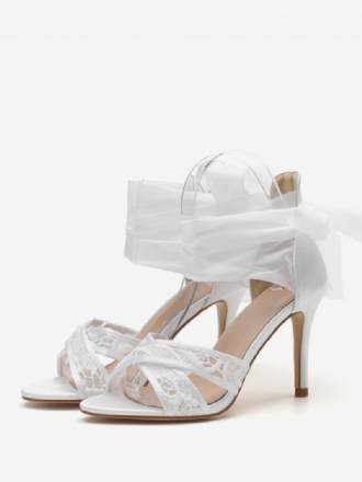 Damen-hochzeitsschuhe Aus Satin Weiße Überkreuzte Hochhackige Brautsandalen Zum Schnüren