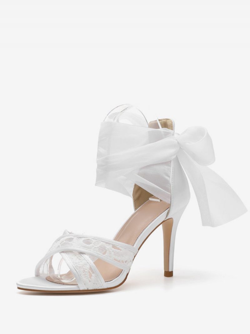 Damen-hochzeitsschuhe Aus Satin Weiße Überkreuzte Hochhackige Brautsandalen Zum Schnüren - Weiß