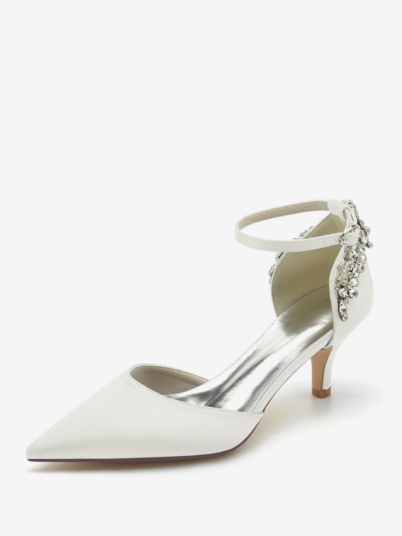 Damen-hochzeitsschuhe Aus Seide Und Satin Mit Spitzen Zehen Strasssteinen Kitten-heel-brautschuhen