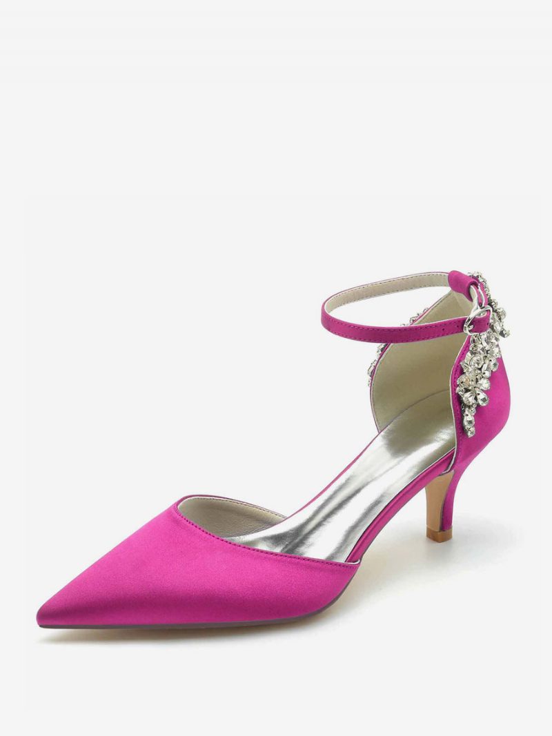 Damen-hochzeitsschuhe Aus Seide Und Satin Mit Spitzen Zehen Strasssteinen Kitten-heel-brautschuhen - Rose