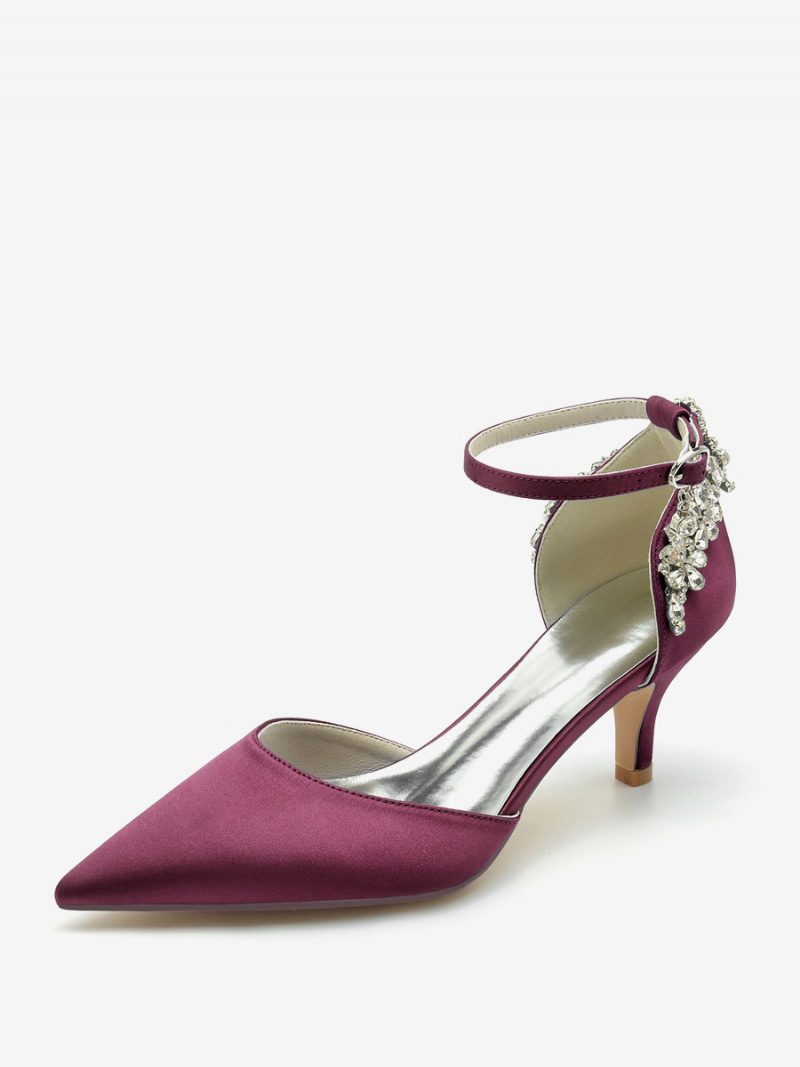 Damen-hochzeitsschuhe Aus Seide Und Satin Mit Spitzen Zehen Strasssteinen Kitten-heel-brautschuhen - Burgund