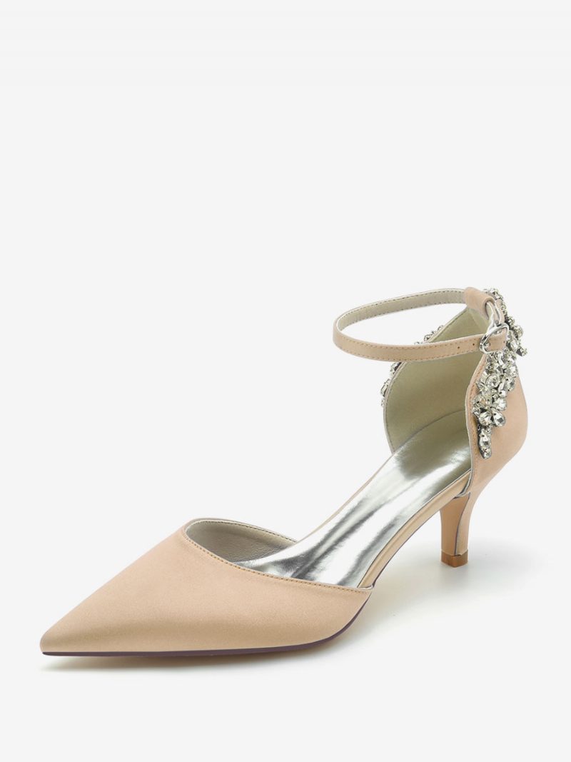 Damen-hochzeitsschuhe Aus Seide Und Satin Mit Spitzen Zehen Strasssteinen Kitten-heel-brautschuhen - Champagner