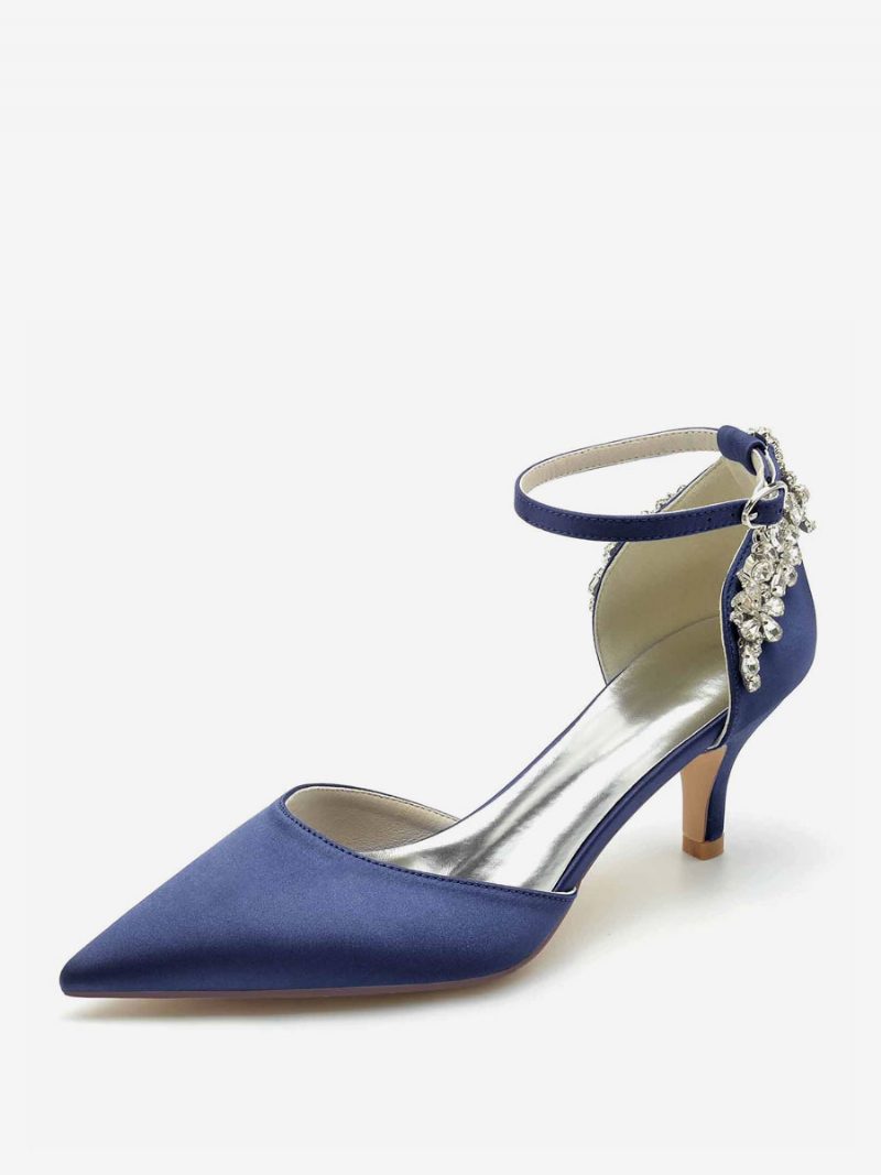 Damen-hochzeitsschuhe Aus Seide Und Satin Mit Spitzen Zehen Strasssteinen Kitten-heel-brautschuhen - Tiefblau