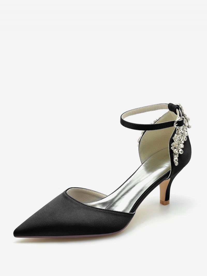 Damen-hochzeitsschuhe Aus Seide Und Satin Mit Spitzen Zehen Strasssteinen Kitten-heel-brautschuhen - Schwarz