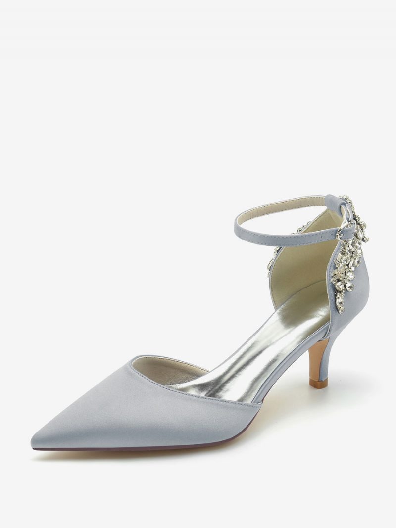 Damen-hochzeitsschuhe Aus Seide Und Satin Mit Spitzen Zehen Strasssteinen Kitten-heel-brautschuhen - Silber