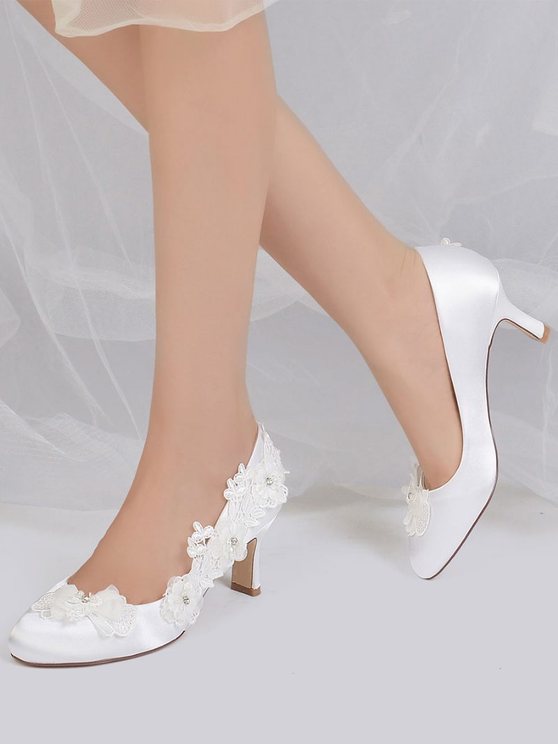 Damen-hochzeitsschuhe Brautpumps Satin Runde Zehenpartie - Weiß