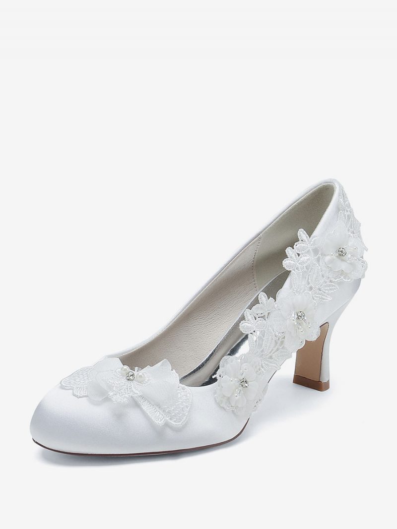 Damen-hochzeitsschuhe Brautpumps Satin Runde Zehenpartie - Weiß