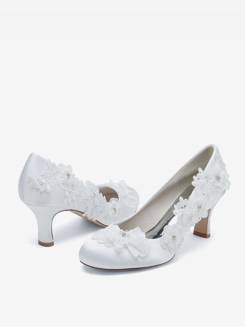 Damen-hochzeitsschuhe Brautpumps Satin Runde Zehenpartie - Weiß