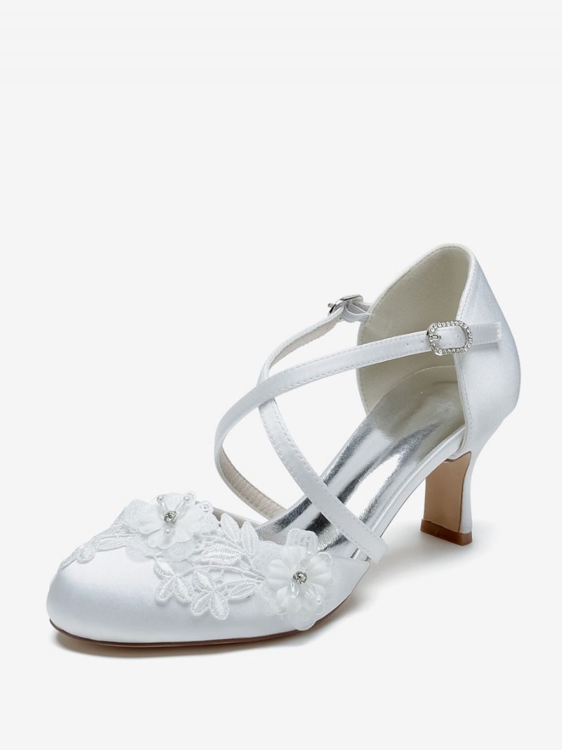 Damen-hochzeitsschuhe Brautpumps Satin Runde Zehenpartie - Weiß