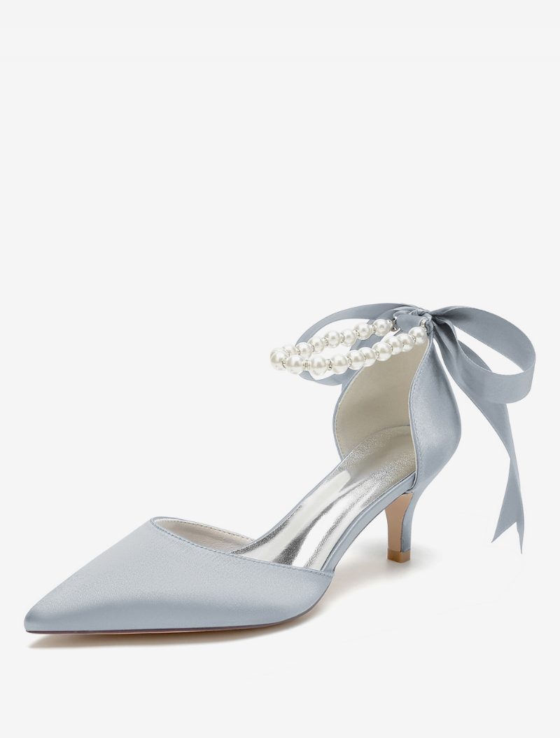 Damen-hochzeitsschuhe Brautpumps Satin Spitze Zehenpartie Perlen - Silber