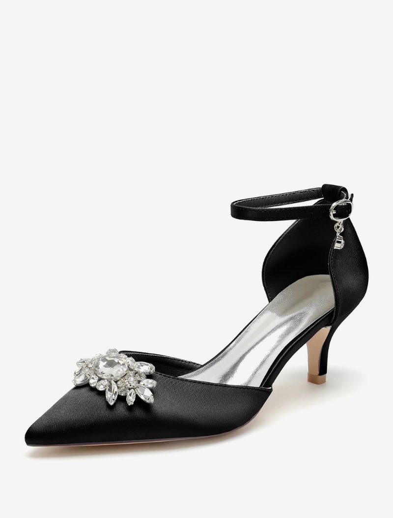 Damen-hochzeitsschuhe Brautpumps Satin Spitze Zehenpartie Strasssteine - Schwarz