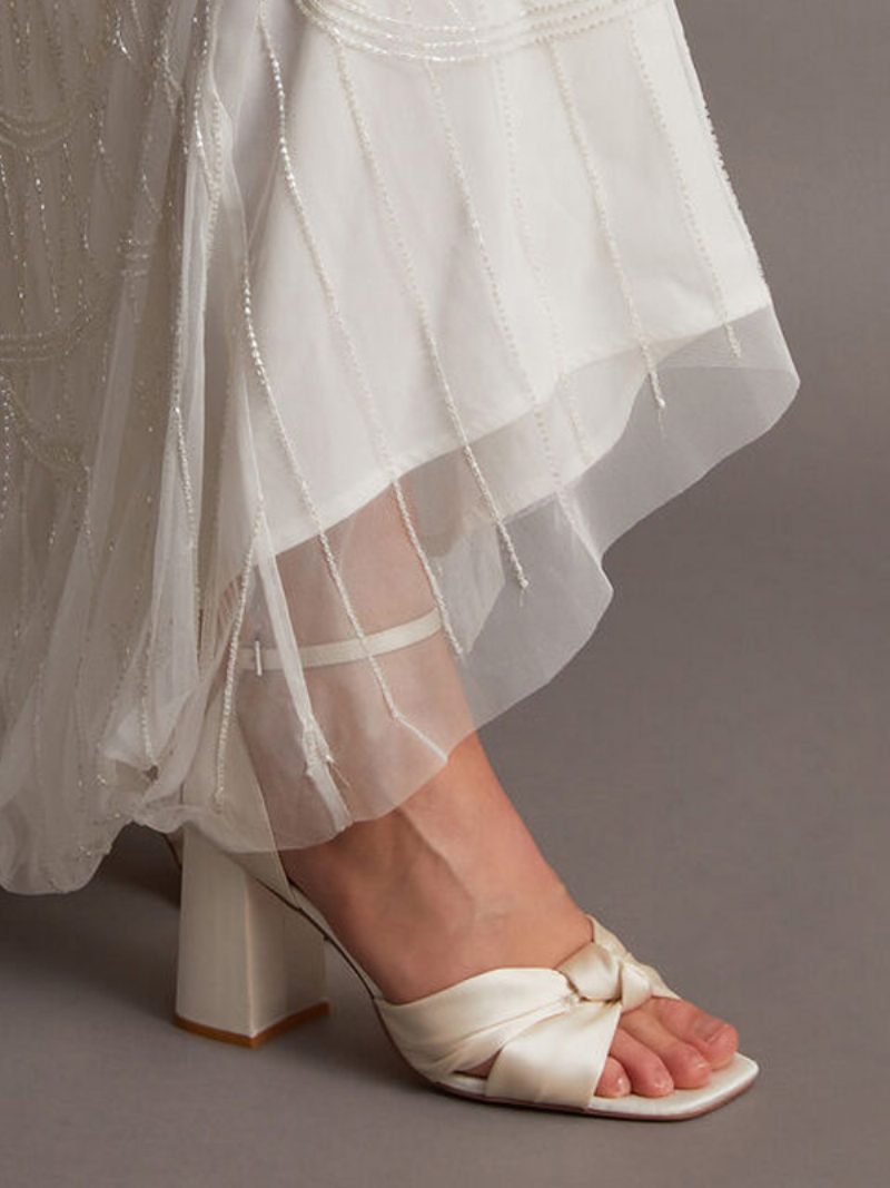 Damen-hochzeitsschuhe Mit Blockabsatz Elfenbeinfarbene Geknotete Brautschuhe Knöchelriemen - Beige