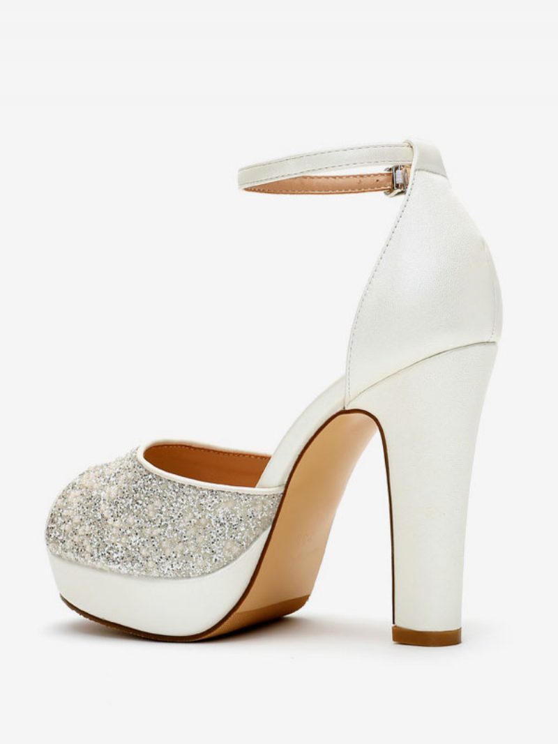 Damen-hochzeitsschuhe Mit Glitzer Pu-leder Peep-toe-perlen Brautpumps Hohem Absatz - Weiß